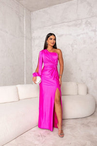 Jocelyn | Einschulter Transparent Abendkleid – Magenta