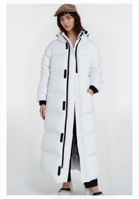 Leichter Winter Steppmantel mit Kapuze für Damen | extra Lang – Weiß