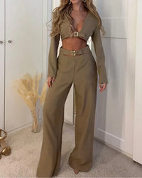 V-Ausschnitt Langarm-Oberteil und Hose Zweiteiliges Set - Loana – Khaki