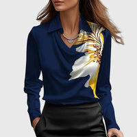 Emma | Damen Langarm Top Wasserfallkragen Fließend Elegant Feminin – Dunkelblau