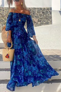 Langkleid mit Blumenmuster und Schulterfrei – Urlaubseleganz – Blau
