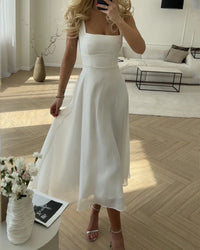 Francine - Elegantes Chiffonkleid mit eckigem Ausschnitt – Weiß