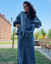 Sandra | Elegantes Zweiteiler Set mit Bluse und Rock – Blau