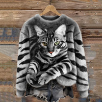 Jules – Weiches Plüsch Sweatshirt Mit Tabby Katzen Und Tiger Muster – Grau