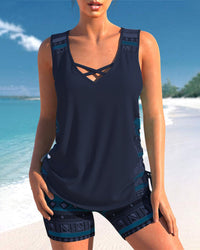 Helena - Tankini mit geometrischem Muster und V-Ausschnitt – Schwarz