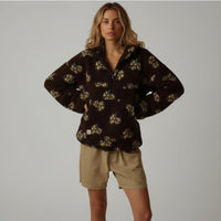 Bunter Oversize Teddy Pullover für Damen mit kurzem Reißverschluss und Stehkragen – Schwarz