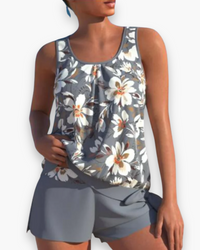 Damen Stilvolles Floral Tankini Set | Zweifarbig – Grau Blume