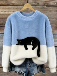 Zaidia – Gemütlicher Strickpullover Mit Süßer Katze – Himmelblau