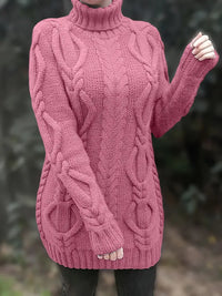 Narda - Klobig Kabel Gestrickt Rollkragen Kleid – Rosa
