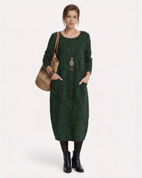 Langarmiges Winter Midi Strickkleid mit bedrucktem Muster – Grün