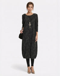 Langarmiges Winter Midi Strickkleid mit bedrucktem Muster – Schwarz