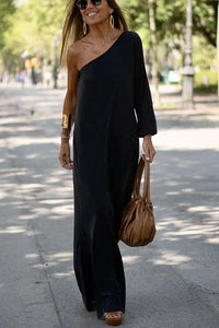 Ein-Schulter-Maxi-Kleid – Schwarz
