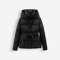 Damen Pufferjacke mit Gürtel und Kapuze – Schwarz