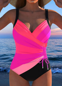 Eleganter Surplice-Badeanzug mit auffälligem buntem Druck – Rosa
