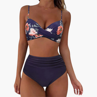 Zweiteiliges Bikini-Set - Damen Bademode mit Blumenprint & Bund – Blau