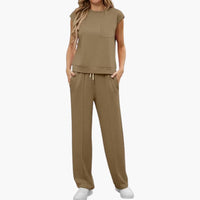 Zweiteiliges Sommer Set für Damen mit Kappärmeln und Taschen – Khaki
