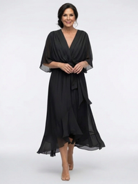 Elysia | V-Ausschnitt Drapiertes Taillenband Midi-Kleid – Schwarz