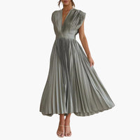 V-Ausschnitt Midi Abendkleid für Frauen - Elegante Faltenoptik – Oliv