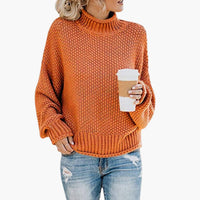 Damen pullover mit hohem Halsausschnitt und geripptem Saum – Orange