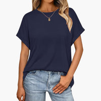 Damen Oversize T-Shirt mit Rundhals und Umschlagärmeln – Marine