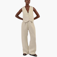 Zweiteiler mit V-Ausschnitt leinen - Damen Sommer Zweiteiler – Beige