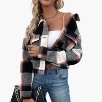 Damen Karierte Jacke mit Knopfverschluss – Schwarz