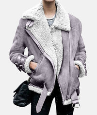 Fleece-gefütterte Wildlederjacke mit Gürtel für Frauen – Grau