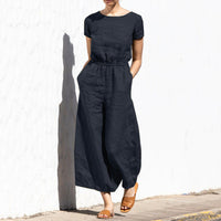 Gerader Jumpsuit mit Falten am Revers ohne Gürtel - Nora – Schwarzes Kurzarm