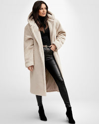 Langer Teddy-Fleece Mantel für Damen mit Kapuze – Beige