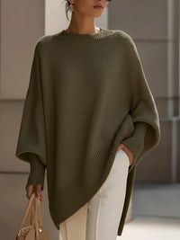 Kimia - Übergroß Gestrickt Rundhalsausschnitt Pullover – Olivgrün