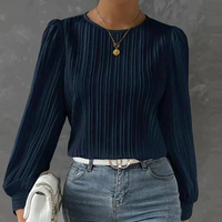 Damen Elegante Plissierte Bluse | Langarm – Marine