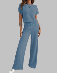 Paula | Damen Rippstrick-Set Kurzarm Top Weite Hose Casual – Blau