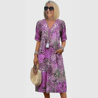 Maja | Damen Midikleid Bedruckt V-Ausschnitt Feminin Casual Sommer – Lavendel Lila