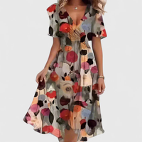 Helga | Damen Blumen Midikleid V-Ausschnitt Romantic Feminin Sommer – Braun Floral