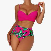 Push Up Bikini - Damen High Waist Zweiteiler mit Muster – Rot