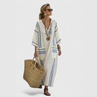 Anke | Damen Maxikleid V-Ausschnitt Locker Fließend Sommer Casual – Beige Hellblau