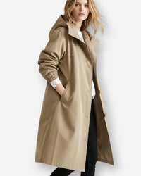 Langer Übergangs-Mantel für Damen mit Kapuze – Beige