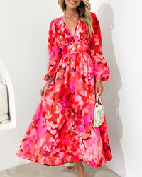 Heidi-Mode | Elegantes Kleid mit Blumendruck und V-Ausschnitt – Rot