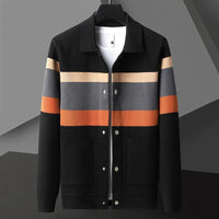 Cole | Herren Strickjacke Streifen Snap-Button Varsity Herbst – Schwarz-Orange