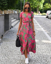 AMINA - LANGES WICKELKLEID MIT PRINT – Grün Rosa