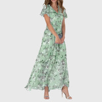 Kathrin | Damen Blumen Maxikleid V-Ausschnitt Romantic Fließend Sommer – Grün