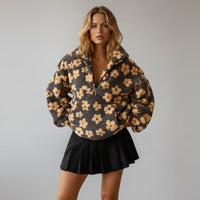 Bunter Oversize Teddy Pullover für Damen mit kurzem Reißverschluss und Stehkragen – Gelb