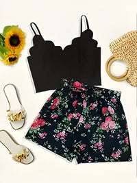 Abishai | Elegantes zweiteiliges Set mit Blumenmuster für Frauen – Schwarz