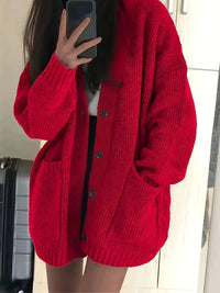 Wichase | Strickjacke mit V-Ausschnitt, warm, einfarbig, für die kühlere Jahreszeit – Rot