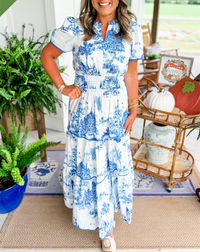 Julie | Toile Muster V-Ausschnitt Maxikleid – Blau
