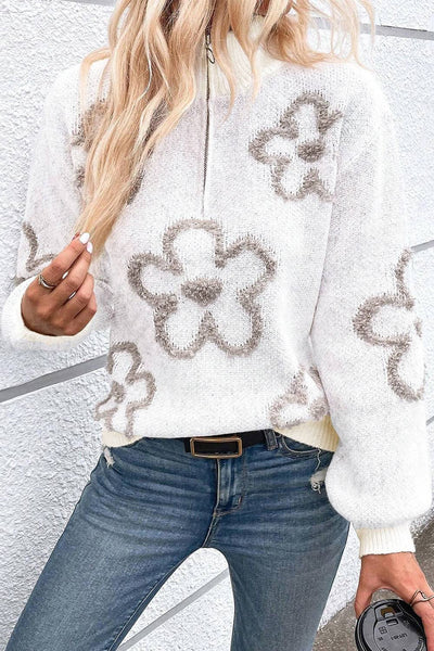 Arlette | Klassischer Damen-Pullover mit hohem Reißverschlusskragen und floralem Strickmuster