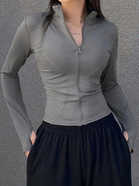 Einfarbiger Reißverschluss Front Slim Top – Grau