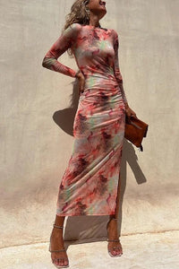 Heidi-Mode | Charm Lady Mesh Overlay Tie Dye Print Langarm Rüsch Stretch Midi Kleid – Rosa