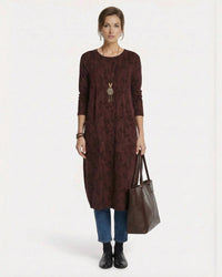 Langarmiges Winter Midi Strickkleid mit bedrucktem Muster – Rot