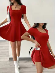 Esther -  Braunes gestricktes kurzes Freizeitkleid – Rot
